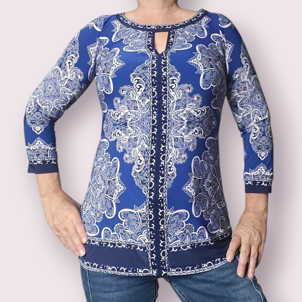 INC International Concepts Paisley Blue & White Tunic Size S
